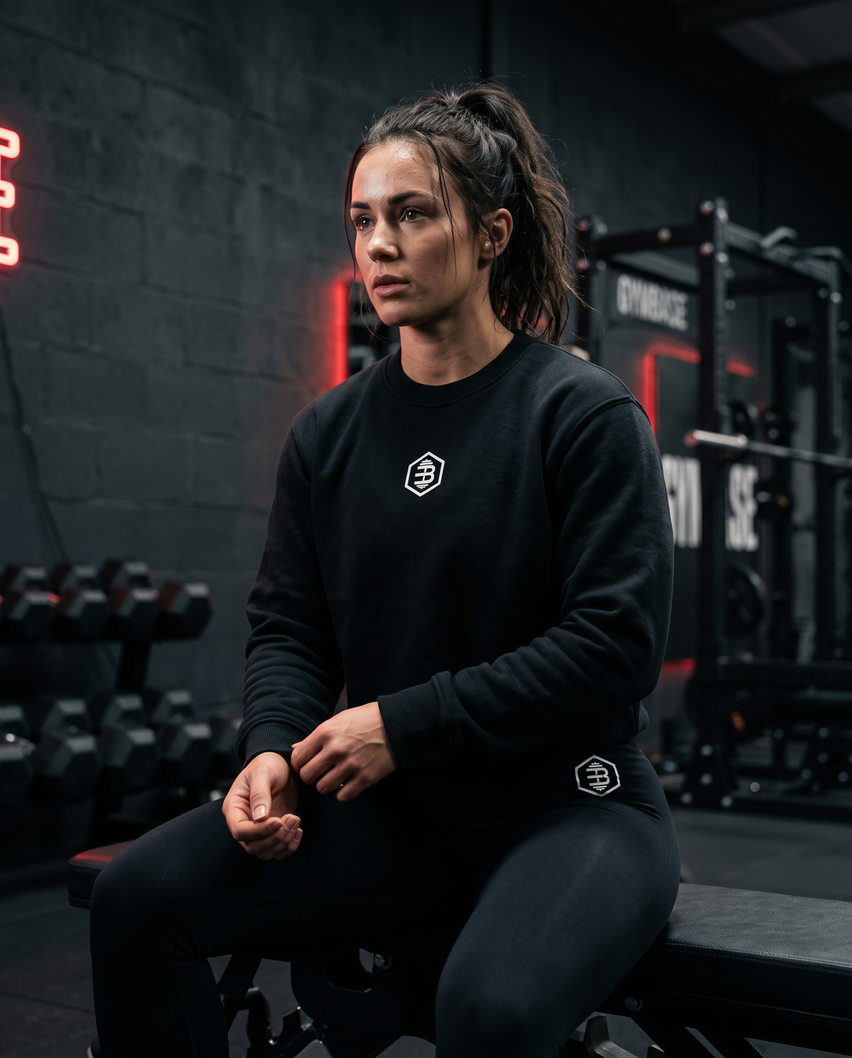 GymBase Women's Crewneck in black, full branded outfit