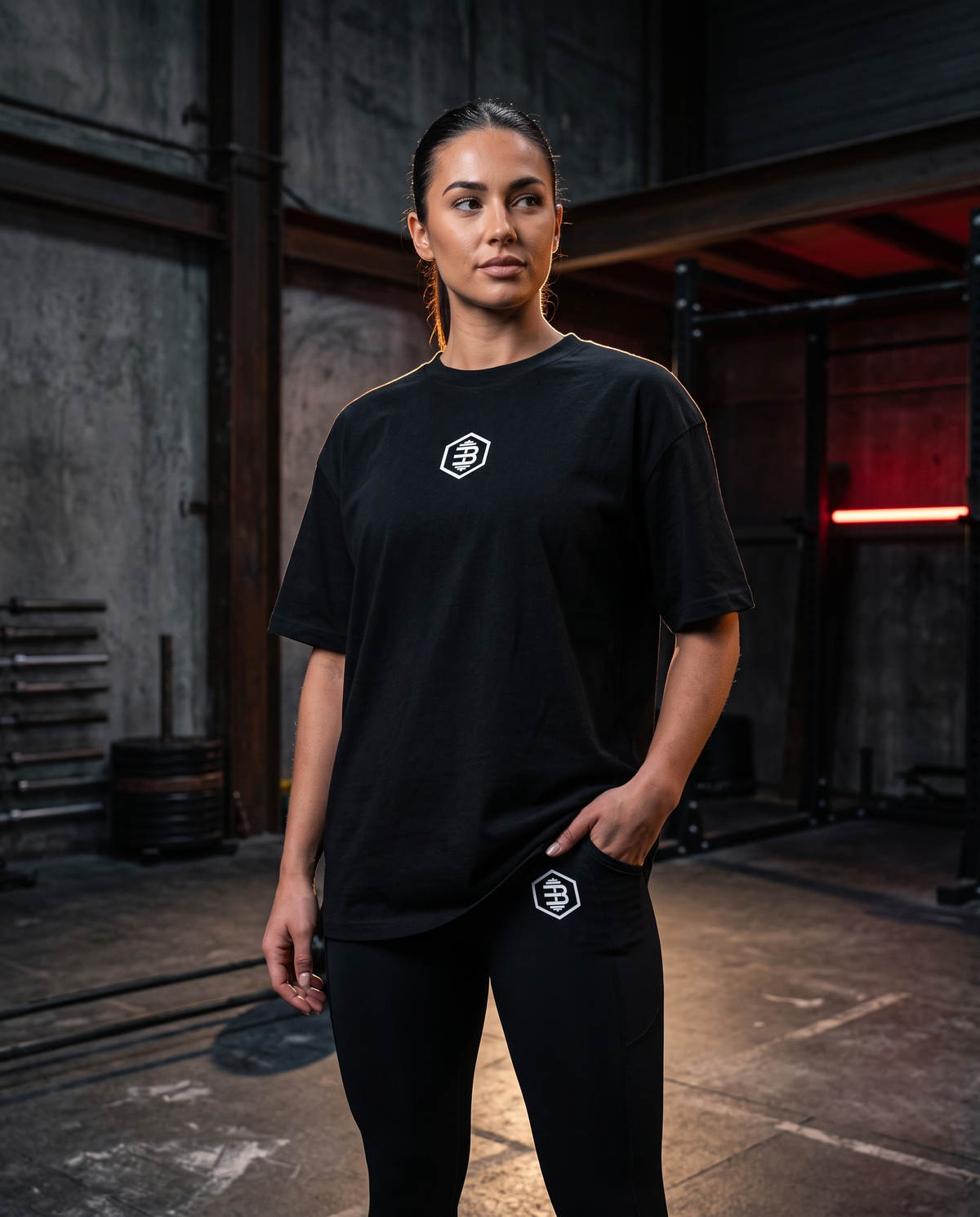 GymBase Oversized Tee in black, full branded outfit