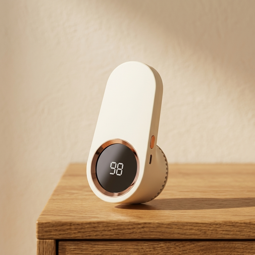 The Revivea fabric shaver standing on an oak table, LED display showing charge