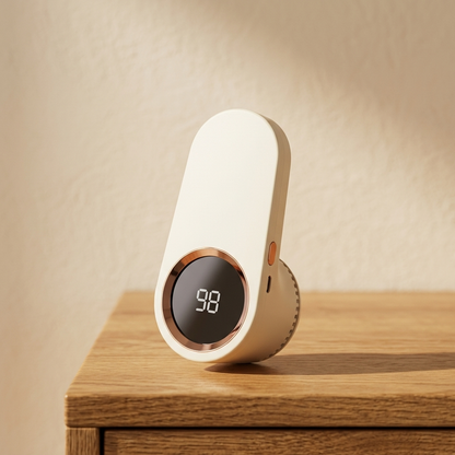 The Revivea fabric shaver standing on an oak table, LED display showing charge