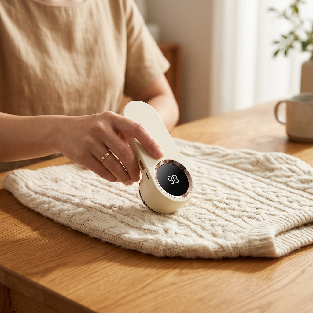 The Revivea fabric shaver being glided over a cream cable-knit jumper