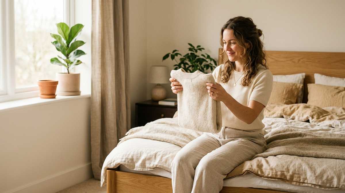 A woman holding up a cream wool jumper in a sunlit bedroom