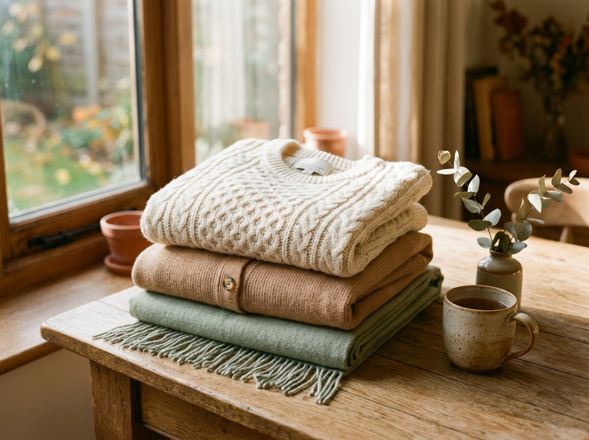 A stack of folded knitwear on an oak table by a window